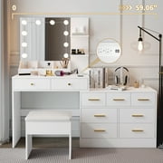 Ktaxon Makeup Vanity with 9 Drawers&USB Charging Station, Vanity Desk with 3 Color Light, Vanity Table Set w/ 9 Drawer Dresser, White