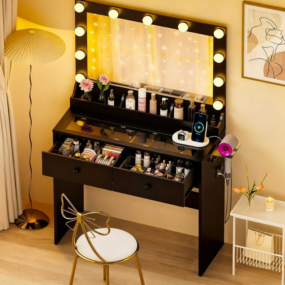 Ktaxon Get Ready with Me GRWM Makeup Vanity Desk with Lighted Mirror, Dressing Table W/Charging Station & Hair Dryer Rack,Black