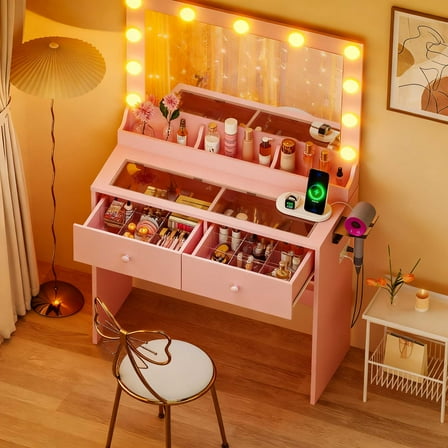 Ktaxon Get Ready with Me GRWM Makeup Vanity Desk with Lighted Mirror, Dressing Table W/Charging Station & Hair Dryer Rack,Macaron Pink