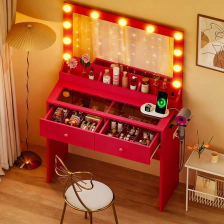 Ktaxon Get Ready with Me GRWM Makeup Vanity Desk with Lighted Mirror, Dressing Table W/Charging Station & Hair Dryer Rack,Pink