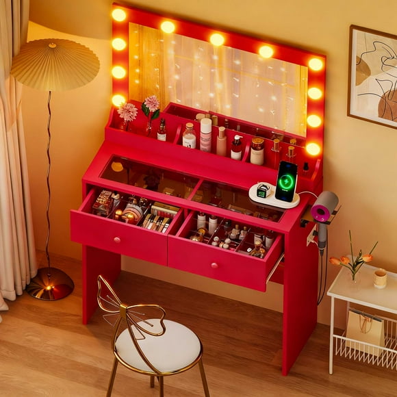 Ktaxon Get Ready with Me GRWM Makeup Vanity Desk with Lighted Mirror, Dressing Table W/Charging Station & Hair Dryer Rack,Pink