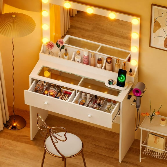 Ktaxon Get Ready with Me GRWM Makeup Vanity Desk with Lighted Mirror, Dressing Table W/Charging Station & Hair Dryer Rack,White
