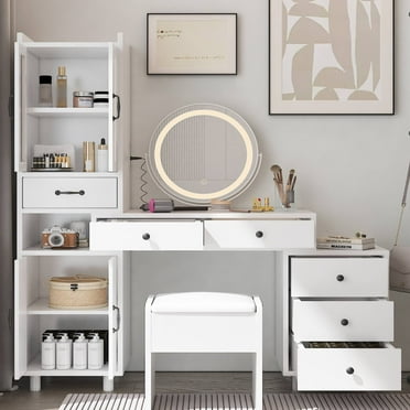 Ktaxon Makeup Vanity Set with USB Charging&3 Color Lighted Mirror, Large Makeup Vanity with Storage Cabinet and Drawers, Dressing Table, Gold, White