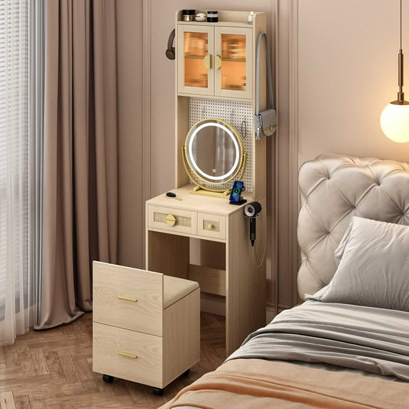 Ktaxon Makeup Vanity Table for Small Spaces, Vanity Table Set with 3 Color LED Light, Bedroom Dressing Table, Natural