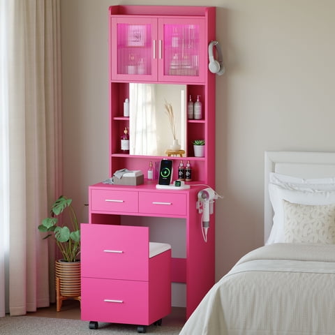 Ktaxon Makeup Vanity Table for Small Spaces, Vanity Table Set with Charging Station and Sliding Mirror, Bedroom Makeup Table, Hot Pink