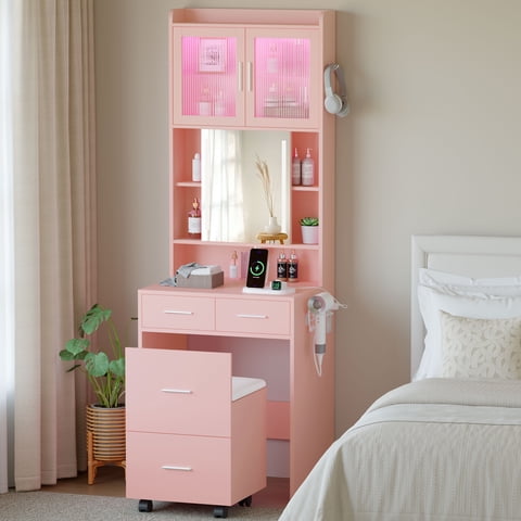 Ktaxon Makeup Vanity Table for Small Spaces, Vanity Table Set with Charging Station and Sliding Mirror, Bedroom Makeup Table, Pink