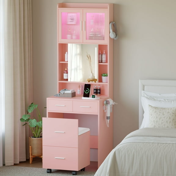Ktaxon Makeup Vanity Table for Small Spaces, Vanity Table Set with Charging Station and Sliding Mirror, Bedroom Makeup Table, Pink