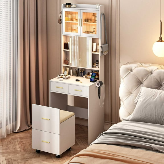 Ktaxon Makeup Vanity Table for Small Spaces, Vanity Table Set with Charging Station and Sliding Mirror, Bedroom Makeup Table, White