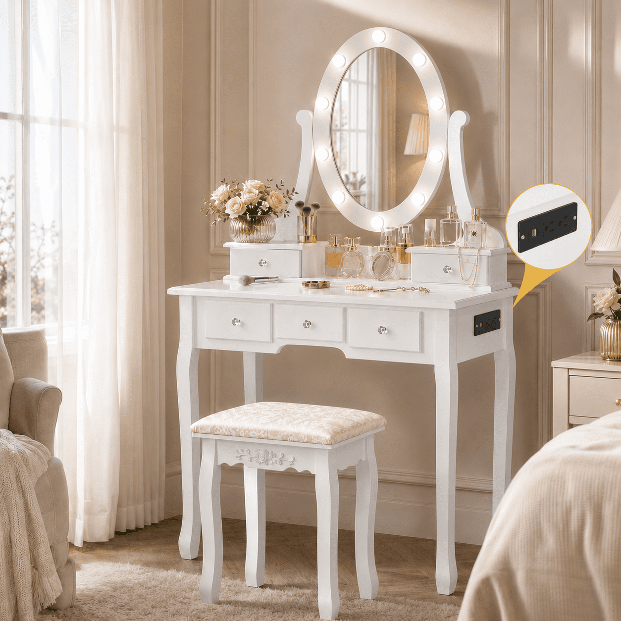 Ktaxon Makeup Vanity Table with 3 Color Lights, 5 Drawers Makeup Dressing Desk with USB Charging Station, Bedroom Vanities Set, White