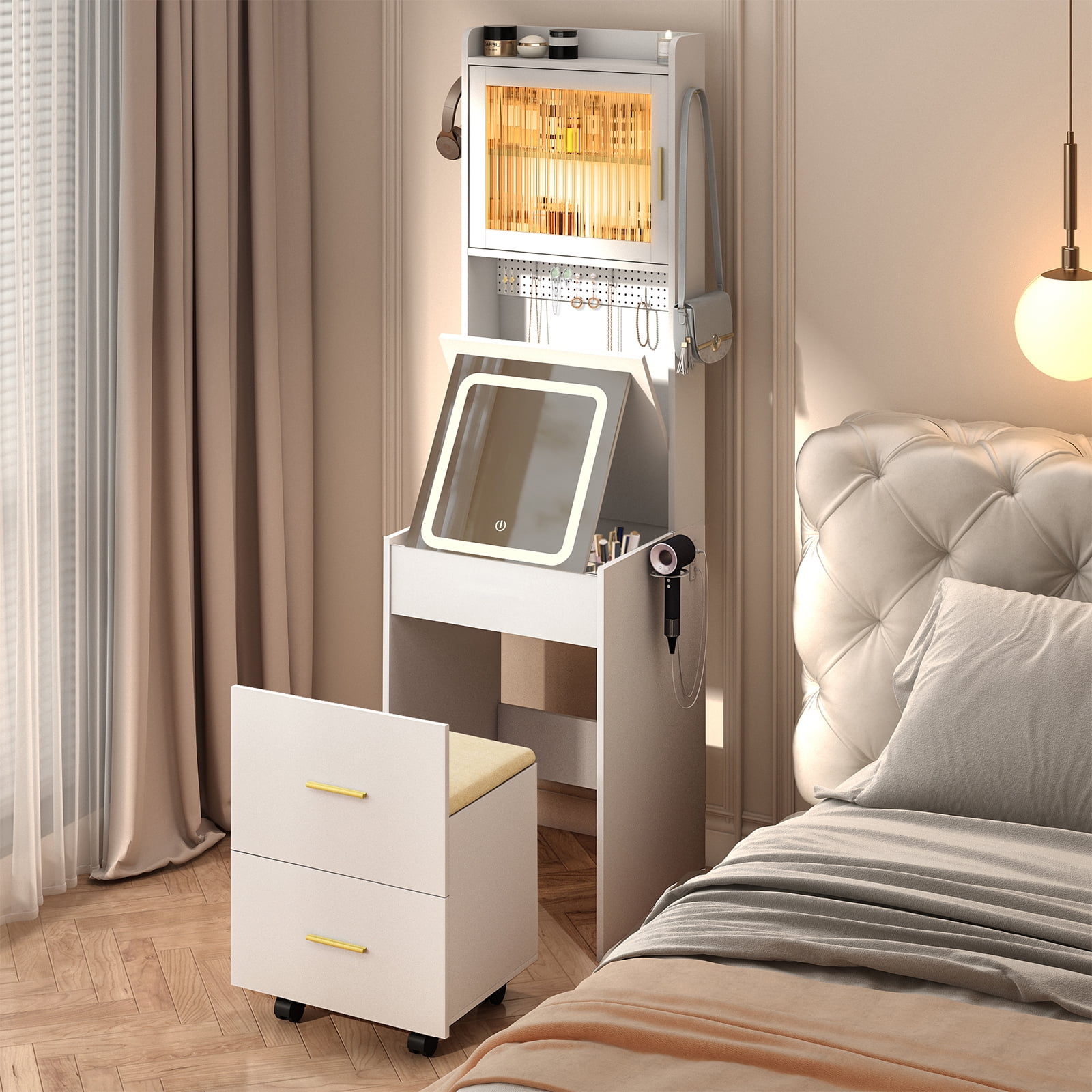 Ktaxon Makeup Vanity Table for Small Spaces, Vanity Table Set with 3 Color LED Light, Bedroom Dressing Table, White