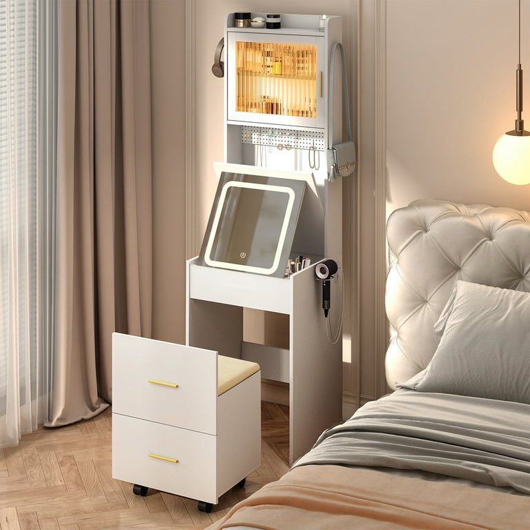 Ktaxon Makeup Vanity Table for Small Spaces Vanity Table Set with 3 Color LED Light Bedroom Dressing Table White Size Type 1