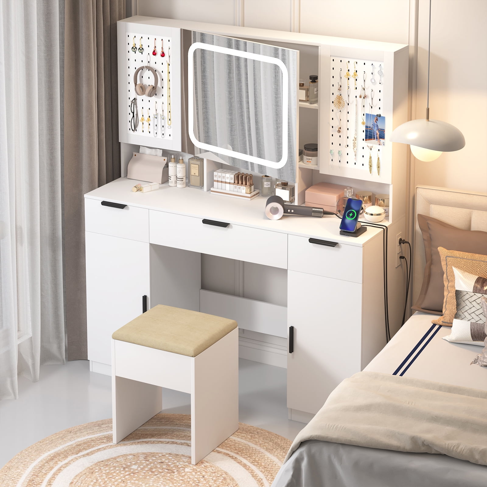 Ktaxon Large 47.24" Lighted Makeup Vanity Table Set with DIY Pegboard