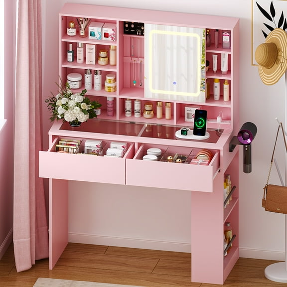 Ktaxon Makeup Vanity w/ Visible Glass Top, Get Ready with Me Vanity with Mirror, LED Sliding Mirror,Pink