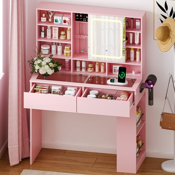 Ktaxon Makeup Vanity w/ Visible Glass Top, Get Ready with Me Vanity with Mirror, LED Sliding Mirror,Pink