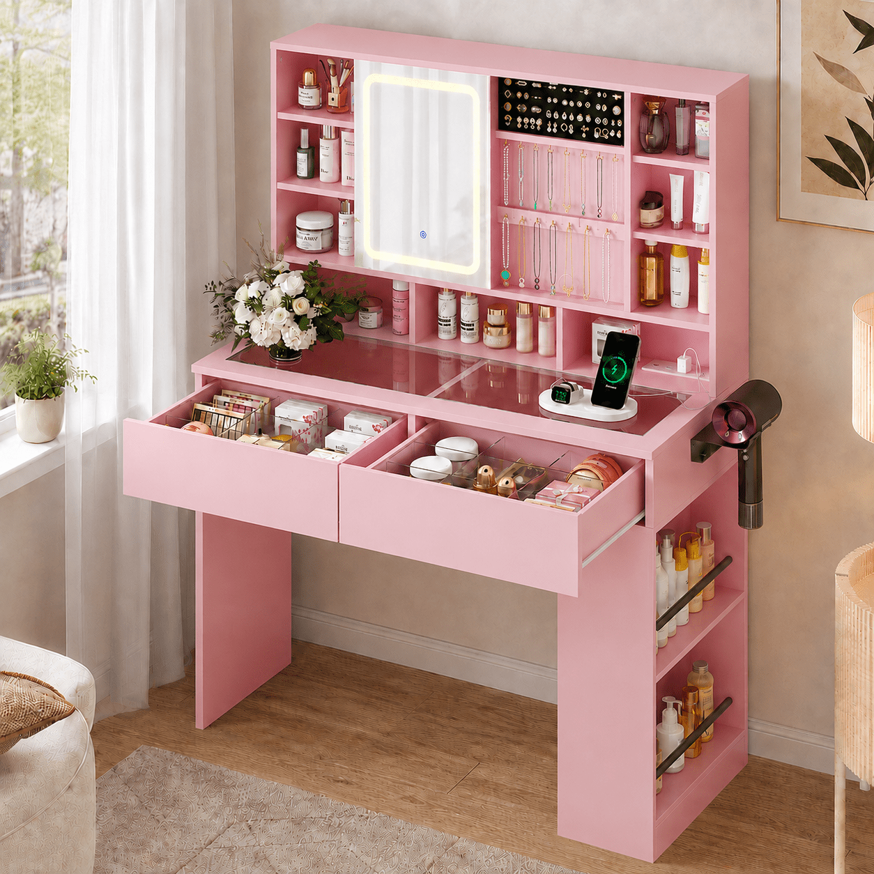 Ktaxon Makeup Vanity w/ Sliding Mirror, Get Ready with Me Vanity Table with Glass Table Top,Pink
