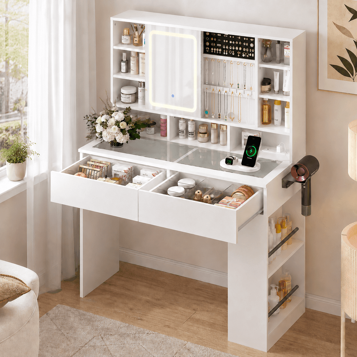 Ktaxon Makeup Vanity w/ Sliding Mirror, Get Ready with Me Vanity Table with Glass Table Top, White