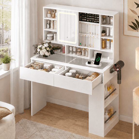 Ktaxon Makeup Vanity w/ Sliding Mirror, Get Ready with Me Vanity Table with Glass Table Top, White