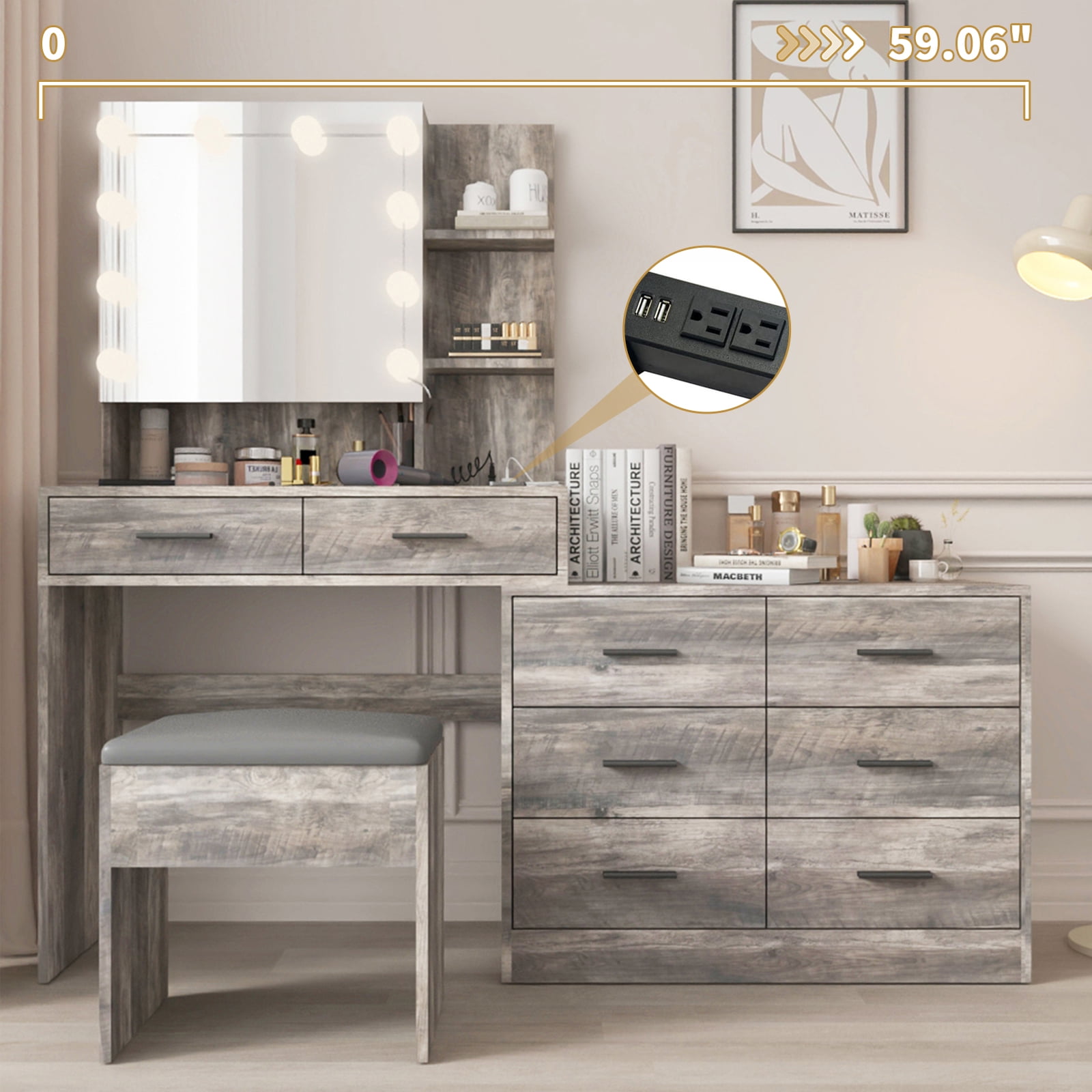 Ktaxon Makeup Vanity with 8 Drawers&Charging Station, Vanity Desk with 3 Color Light, Vanity Table Set w/ Drawer Dresser, Gray