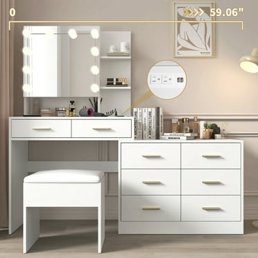 Ktaxon Makeup Vanity with 8 Drawers&Charging Station, Vanity Desk with 3 Color Light, Vanity Table Set w/ Drawer Dresser, White