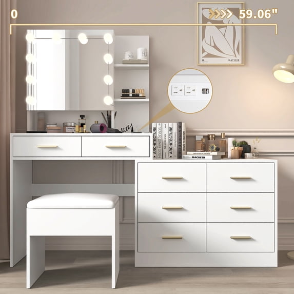 Ktaxon Makeup Vanity with 8 Drawers&Charging Station, Vanity Desk with 3 Color Light, Vanity Table Set w/ Drawer Dresser, White