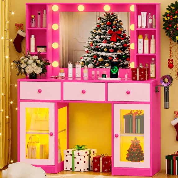 Ktaxon Makeup Vanity with Lighted Mirror, Vanity Table with Glass Table Top and Charging Station for Bedroom, Pink