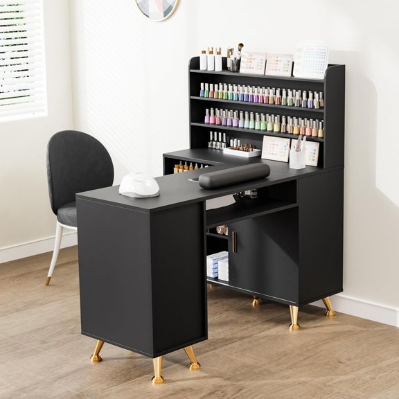 Ktaxon Manicure Table, 52" L-Shaped Nail Desk with Dust Collector, Storage Rack and Drawers, Black