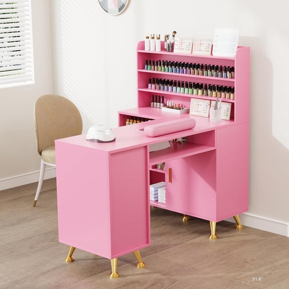 Ktaxon Manicure Table, 52" L-Shaped Nail Desk with Dust Collector, Storage Rack and Drawers, Pink