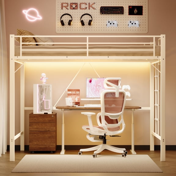 Ktaxon Metal Bunk Bed Frame Queen Size, Loft Bed with Built-in LED and Power Outlet, Heavy Duty Bed Frame with Steel Slats, White