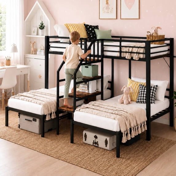 Ktaxon Metal Twin Triple Bunk Bed with Stairs, Twin over Twin over Twin XL Bed Frame for 3, Black