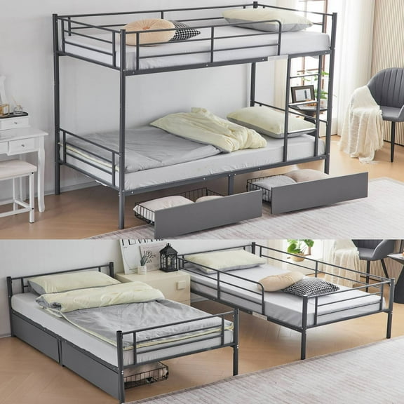 Ktaxon Metal Twin over Twin Bunk Bed with 2 Drawer & 2 Ladders for Bedroom, Gray
