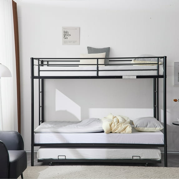 Ktaxon Metal Twin over Twin Bunk Bed with Moveable Trundle & 2 Ladders for Bedroom, Black
