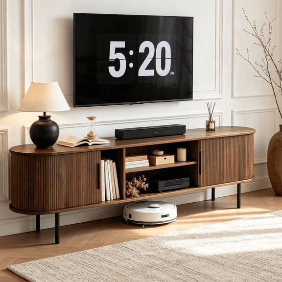 Ktaxon Mid-Century 58" TV Stand for up to 65" TVs, Wood Entertainment Center with 2 Sliding Tambour Doors, Modern Television Cabinet with Large Storage & Adjustable Shelf, Walnut