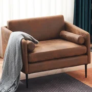 Ktaxon Mid-Century Accent Chair, Extra Wide Single Sofa with 2 Waist Pillows, Modern Bronzing Cloth Armchair for Living Room Brown