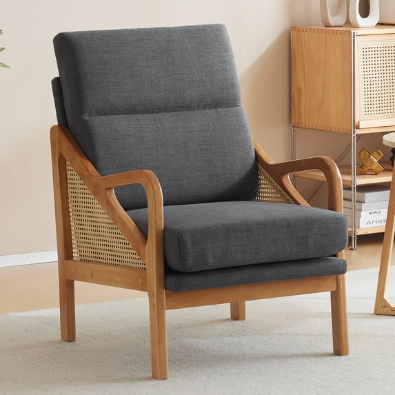 Ktaxon Mid Century Accent Chair, Modern Club Chairs with High Back, Rattan Sides Arm Chair for Living Room Bed Room Gray