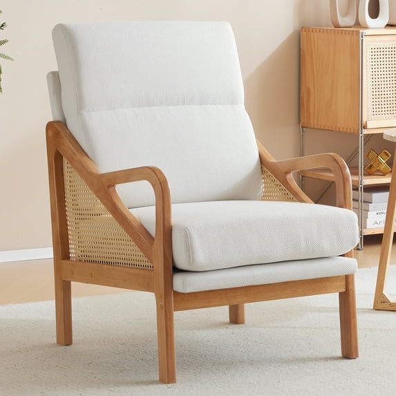 Ktaxon Mid Century Accent Chair, Modern Club Chairs with High Back, Rattan Sides Arm Chair for Living Room Bed Room White