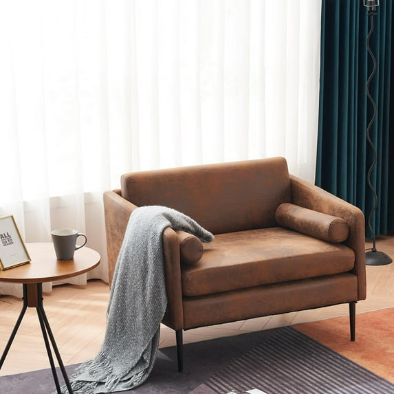 Ktaxon Mid-Century Accent Chair, Oversized Armchair with 2 Waist Pillows, Bronzing Cloth Sofa for Living Room Brown