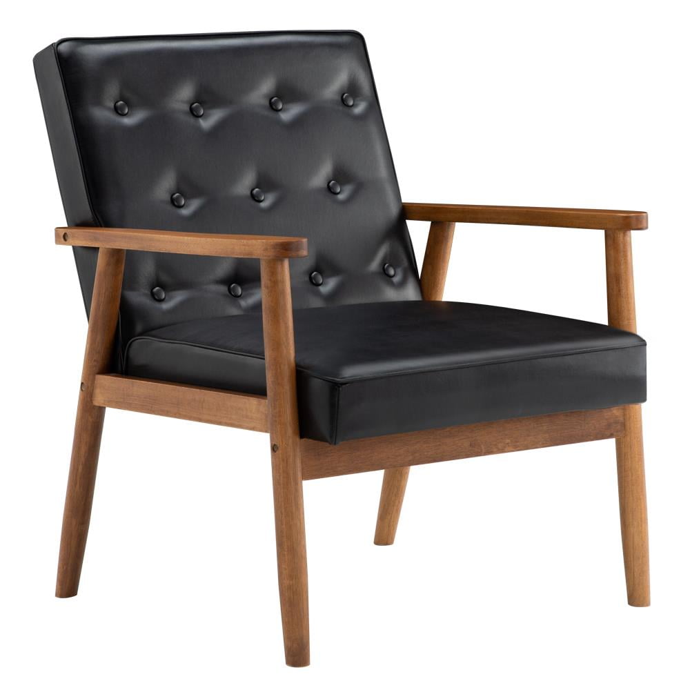 Ktaxon Mid Century Accent Chair, Wood Frame Armchair, Single sofa with Faux PU Leather Black