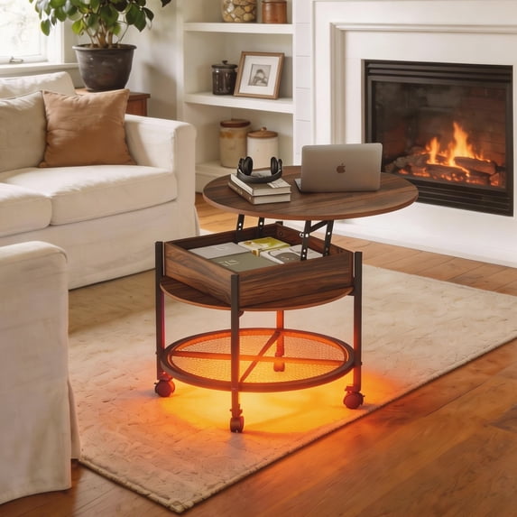 Ktaxon Mid-Century Coffe Table with Lift Top, 26.7" Round Coffee Table with RGB, Storage and Rolling Wheels, Modern Center Table for Small Spaces, Rustic Brown