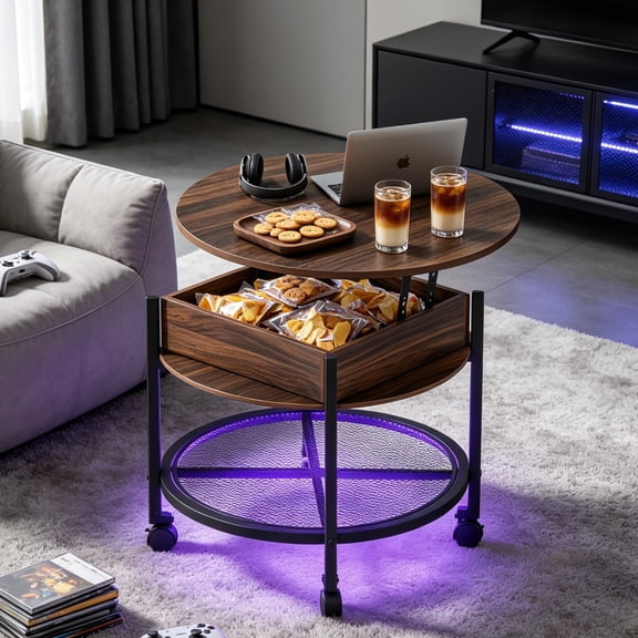 Ktaxon Adjustable Height Round Coffee Table with Storage, Rolling Snack Tray Side Table with Lockable Wheels, RGB Ambient Light Multifunctional Couch Desk Gaming Table Laptop Stand, Rustic Brown