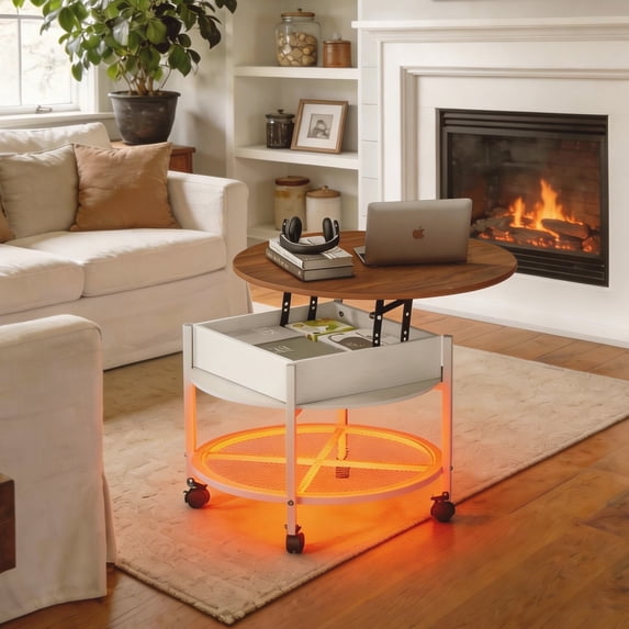 Ktaxon Mid-Century Coffe Table with Lift Top, 26.7" Round Coffee Table with Storage and Rolling Wheels, Modern Center Table for Small Spaces, Washed White