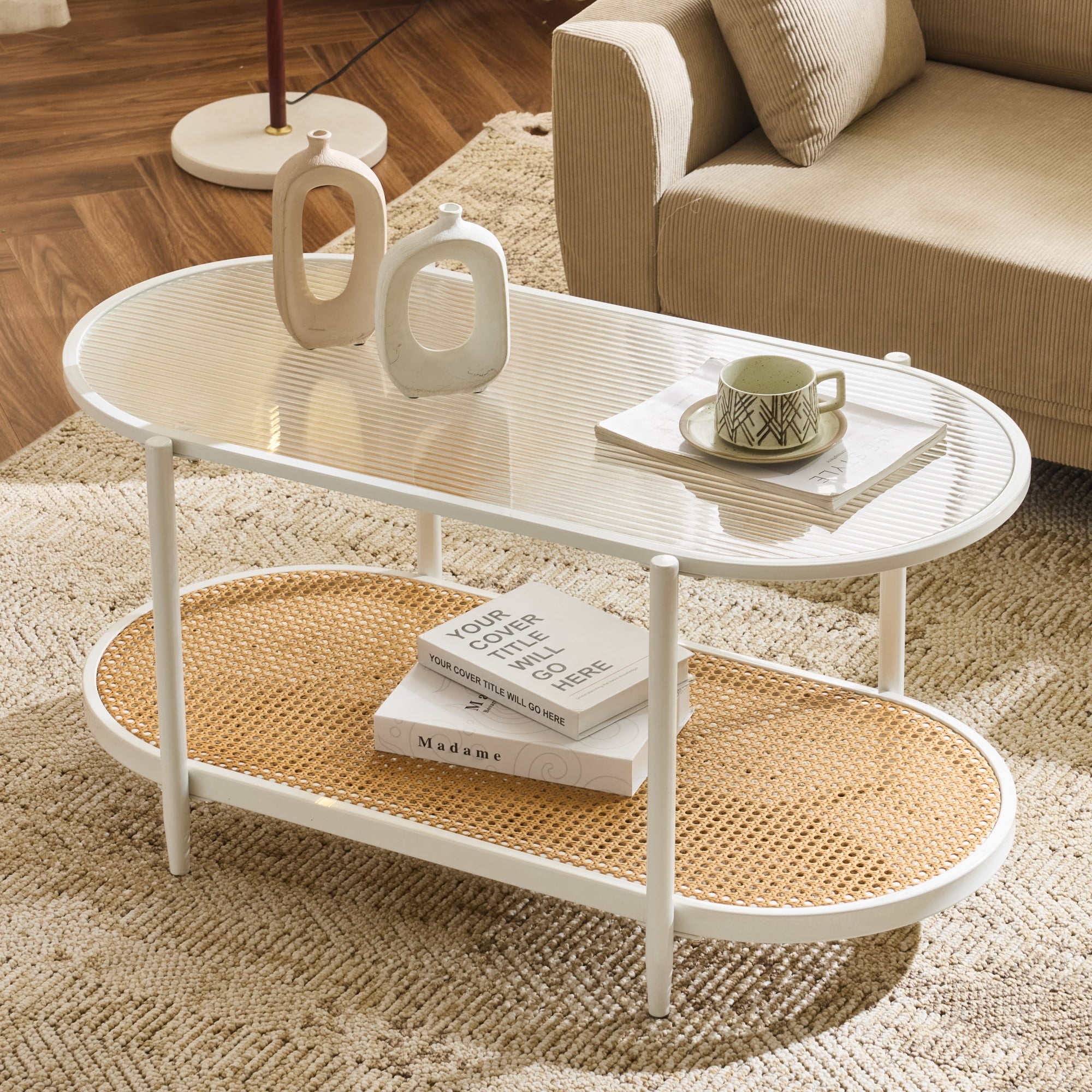 Ktaxon Mid-Century Coffee Table, Long Narrow Center TV Stand Console Table for Living Room, Antique Furniture, White