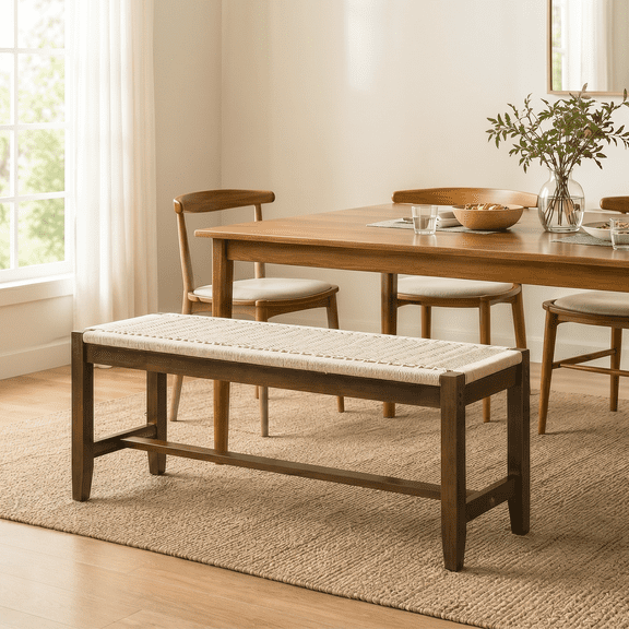 Ktaxon Mid-Century Dining Bench, 40" Rubberwood Kitchen Bench Boho Seating Furniture, Woven Dinner Bench 2 Seater with Solid Wood Frame, Brown
