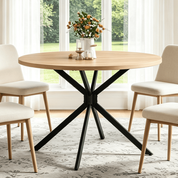Ktaxon Mid-Century Dining Table for 4, Round 42" Kitchen Table with Cross Legs, Simplistic Dining Room Breakfast Table, Multi-Funtional Use for Small Spaces, Apartment, Natural