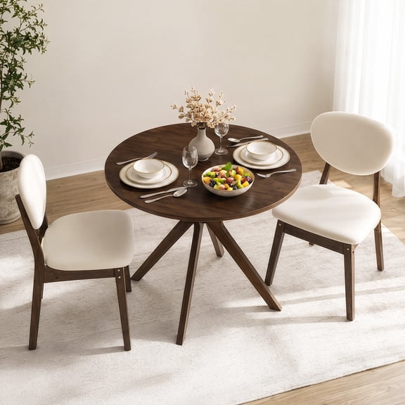Ktaxon Mid-Century Dining Table Set for 2, Round Breakfast Nooks with 2 Padded Chairs, Solid Rubberwood 35.5" Compact Dinner Set for Small Space, Small Kitchens, Apartments, Condos, Oak