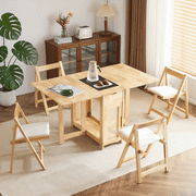 Ktaxon Mid-Century Dining Table Set for 4, Solid Wood Dining Set Folding Dining Room Table with Wheels, Drawer, 4 Foldable Chairs Padded with Cushion, Natural Color