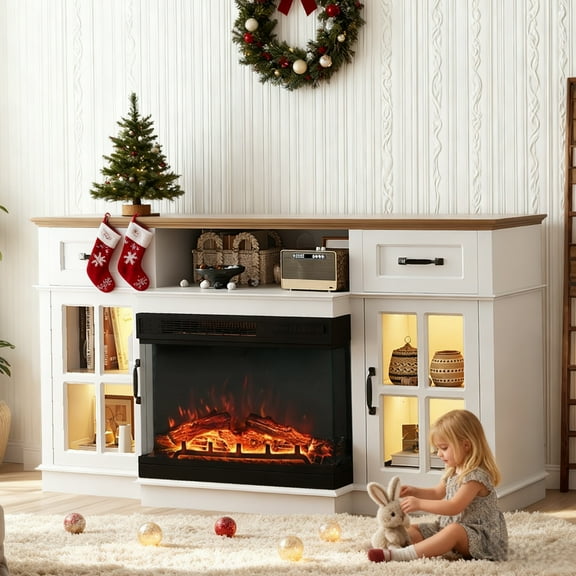 Ktaxon Mid-Century Fireplace TV Stand, LED Entertainment Center with Electric Fireplace Heating for 55/60/65 inches TVs, Washed White