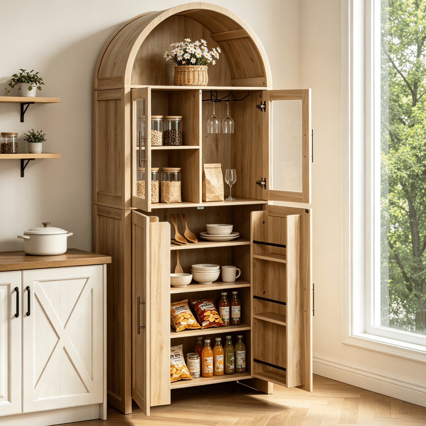 Ktaxon Mid-Century Kitchen Pantry, 71" Arched Storage Pantry Cabinet Hutch with Cup Rack and Spice Racks Door, Food Pantry Snack Cabinet with Storage, Walnut
