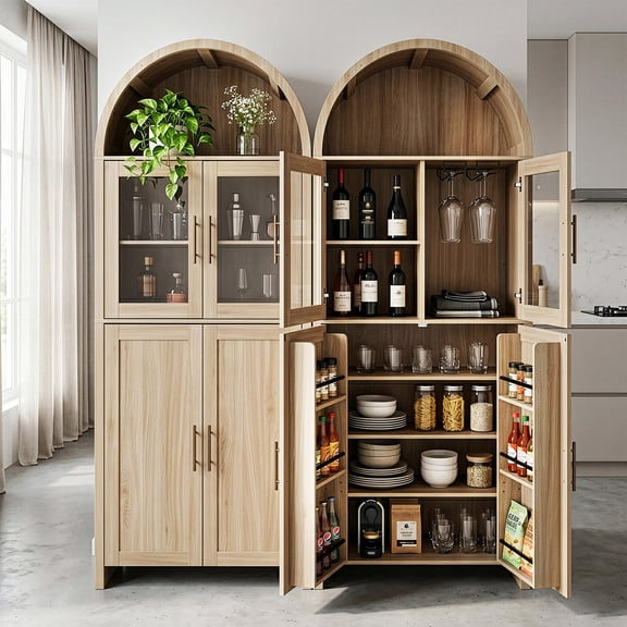Ktaxon Mid-Century Kitchen Pantry, 71" Arched Storage Pantry Cabinet Hutch with Cup Rack and Spice Racks Door, Food Pantry Snack Cabinet with Storage, Walnut