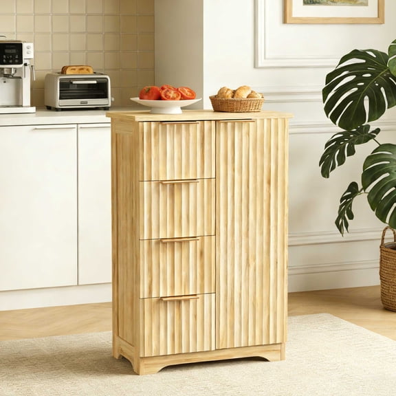 Ktaxon Mid-Century Kitchen Pantry Cabinet with 4 Drawers, Oak Wood Pantry for Kitchen, Modern Fluted Storage Cabinet for Dining Room Living Room, 21" x 11.4" x 32.5"