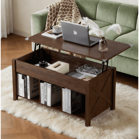 Ktaxon Mid-Century Lift Top Coffee Table, Multi-Functional Lift Tabletop Center Table for Living Room with Hidden Storage Compartment & 3 Cube Shelves, Retro Brown